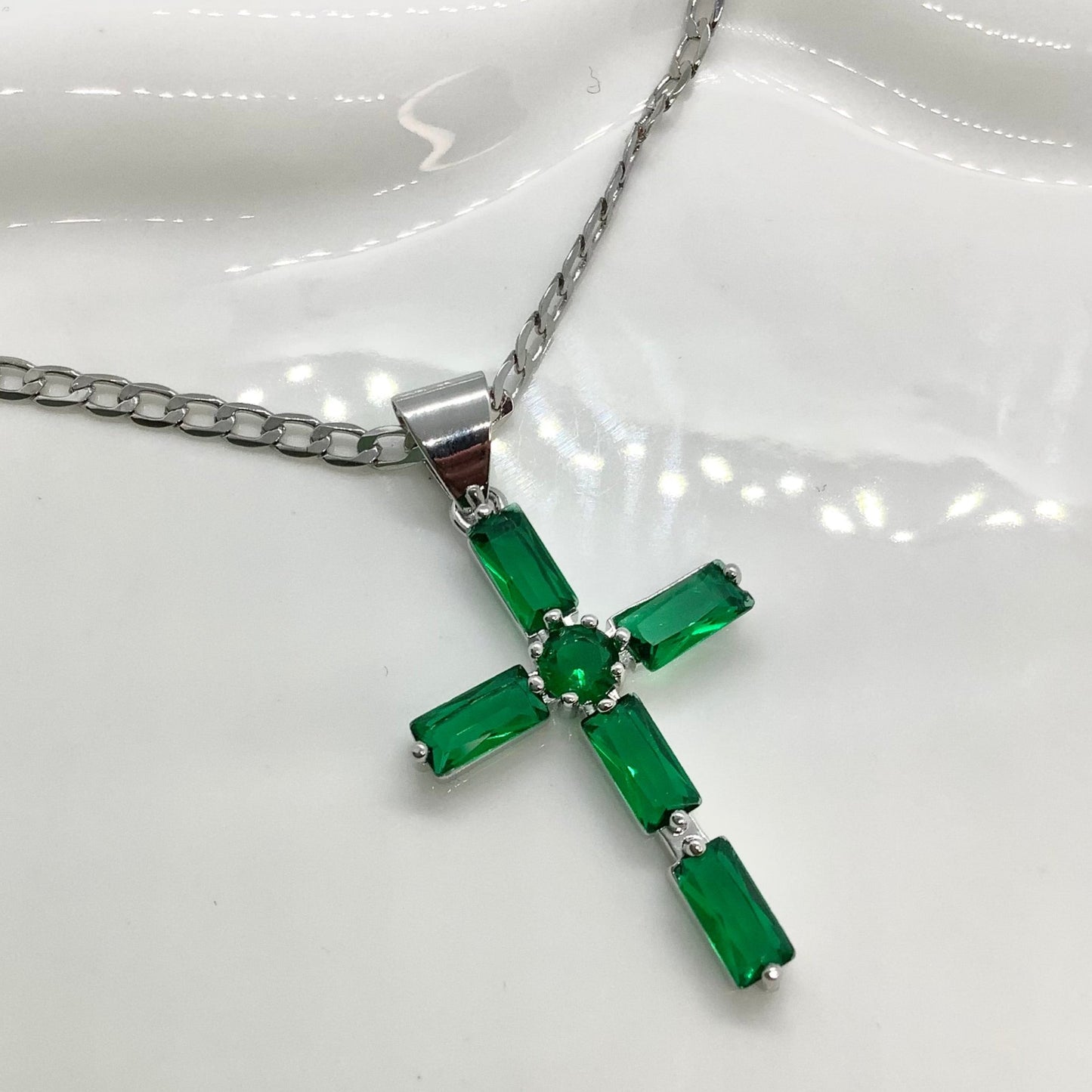 Silver Emerald Cross necklace